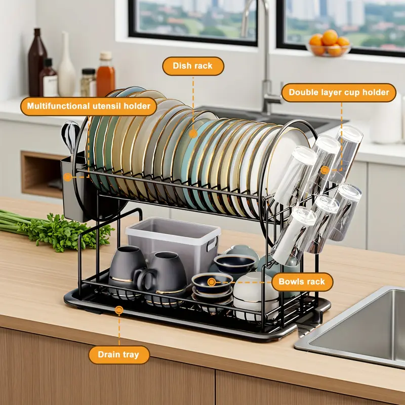 1pc dish drying rack 2 tier rack with for kitchen countertop dish drainer with utensil holder and cup holder space saving roud shape decorate black Product details 2