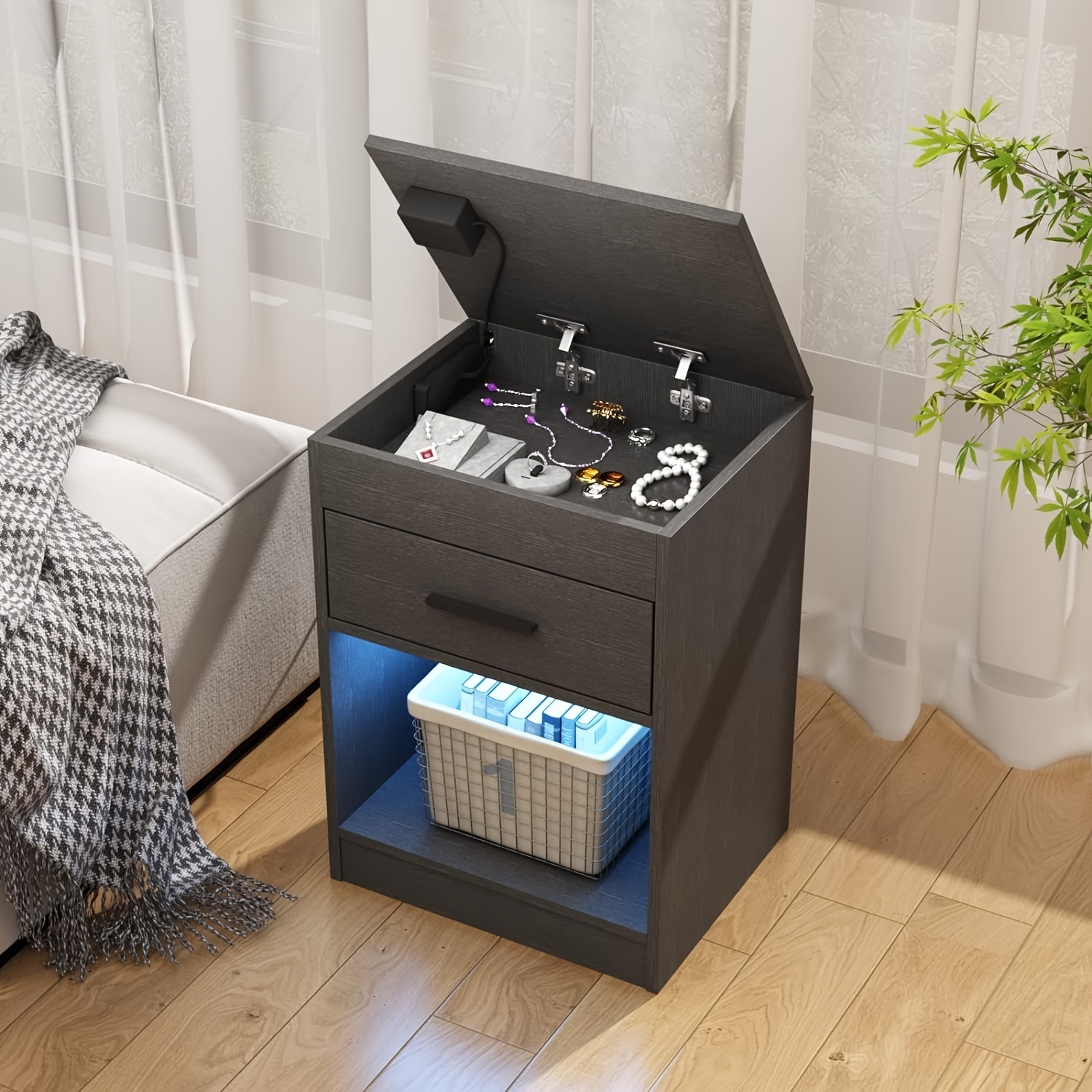 

Space-saving Black Nightstand With Charging Station & Hidden Storage - , Wood, Under 3.2 Cubic Ft Capacity, Easy , Bedroom