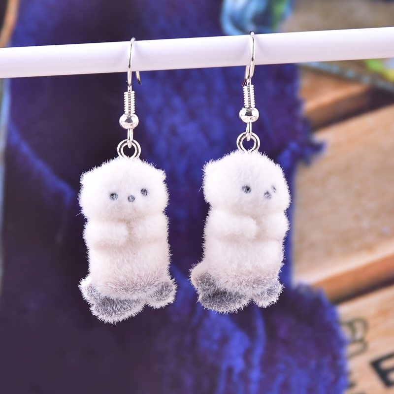 TEMU A Pair Of Cute Fluffy Animals Polar Bear Penguin Sea Lion Resin Fashionable Draped Earrings