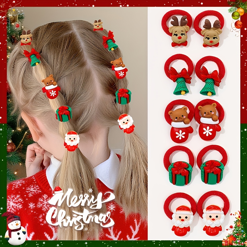 Image of 10pcs Set Of Cute Christmas Hair Ties For - Santa Claus And Christmas Tree Snowman Designs, Ideal Christmas Gift For, Christmas Hair Accessory