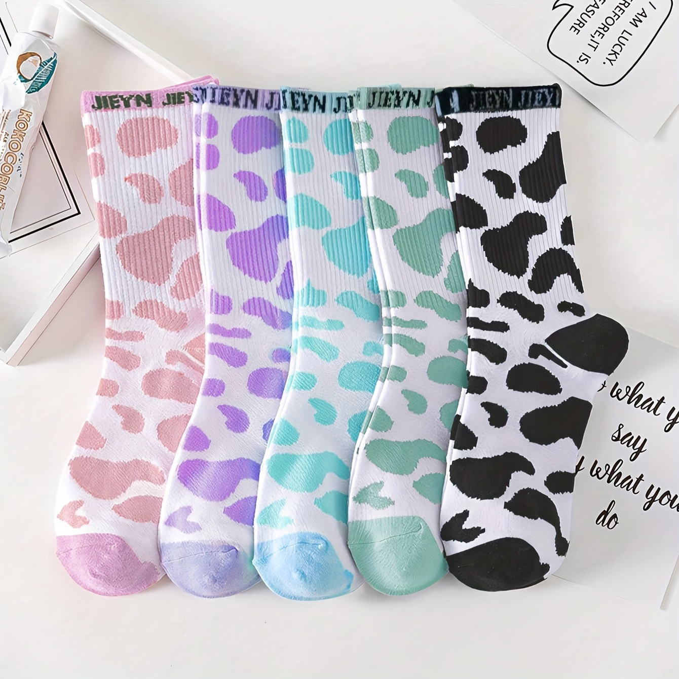 TEMU 5 Pairs Women's Cow Print Mid-calf Socks - Elegant Striped Design, Soft Pastel & Neutral Colors, Comfortable Machine-washable Casual Socks For Casual Attire, Novelty Socks, Sock Patterns