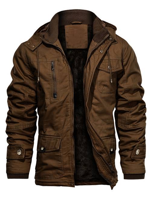 mens thick winter hooded jacket in a vintage style made of 100 polyester warm durable and featuring multiple pockets hiking traveling and casual wear snap button closure long sleeves