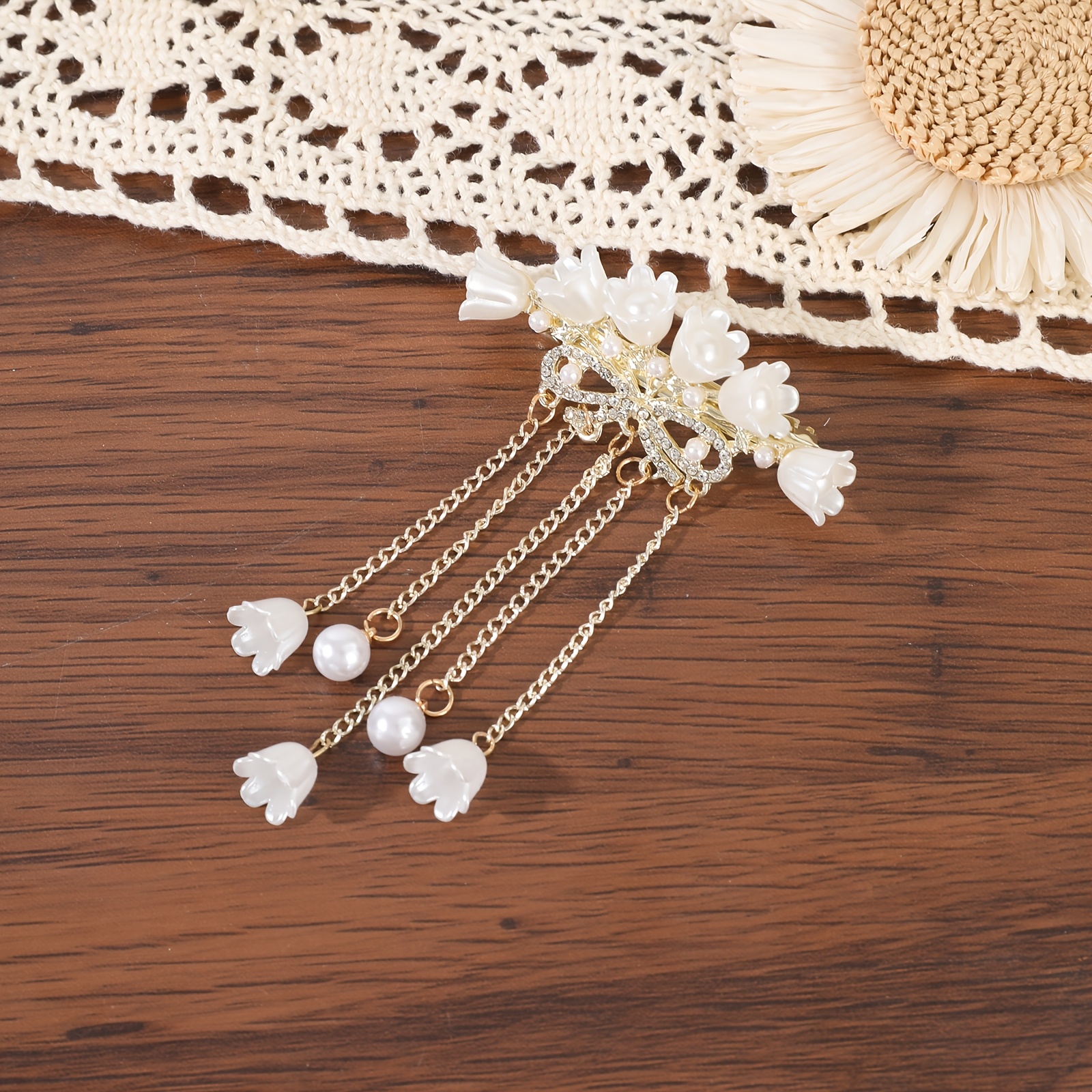 TEMU 1pc Ancient Style Lily Pearl Tassel Spring Clip Hanfu Hair Accessory Side Clip Gentle Floral Rhinestone Headpiece