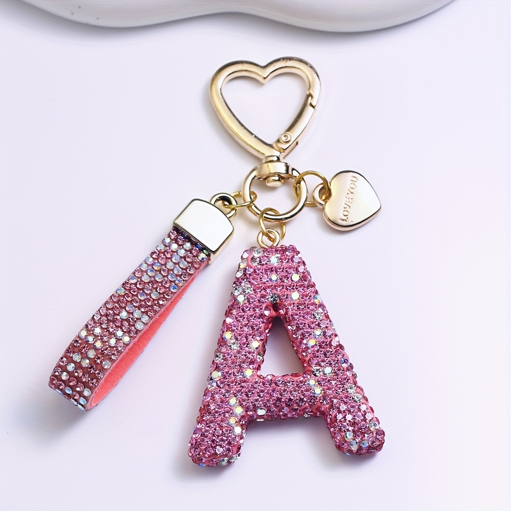 E-shop Rhinestone-verzierter PVC-Schlüsselanhänger - Rosa & Weiße Initialen, Manschettenverschluss, Keine Stromversorgung Erforderlich - Perfektes