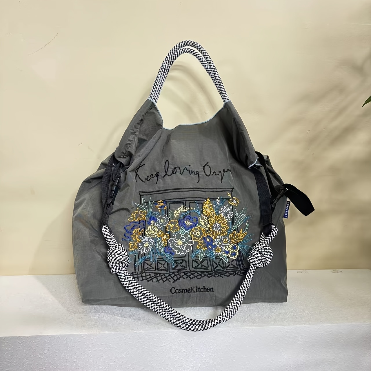 

Casual Embroidered Floral Carriage Pattern Nylon Tote Bag, Large Capacity, With Adjustable Strap, Drawstring Closure, And Messenger Bag Option, For Hand Wash Or Only