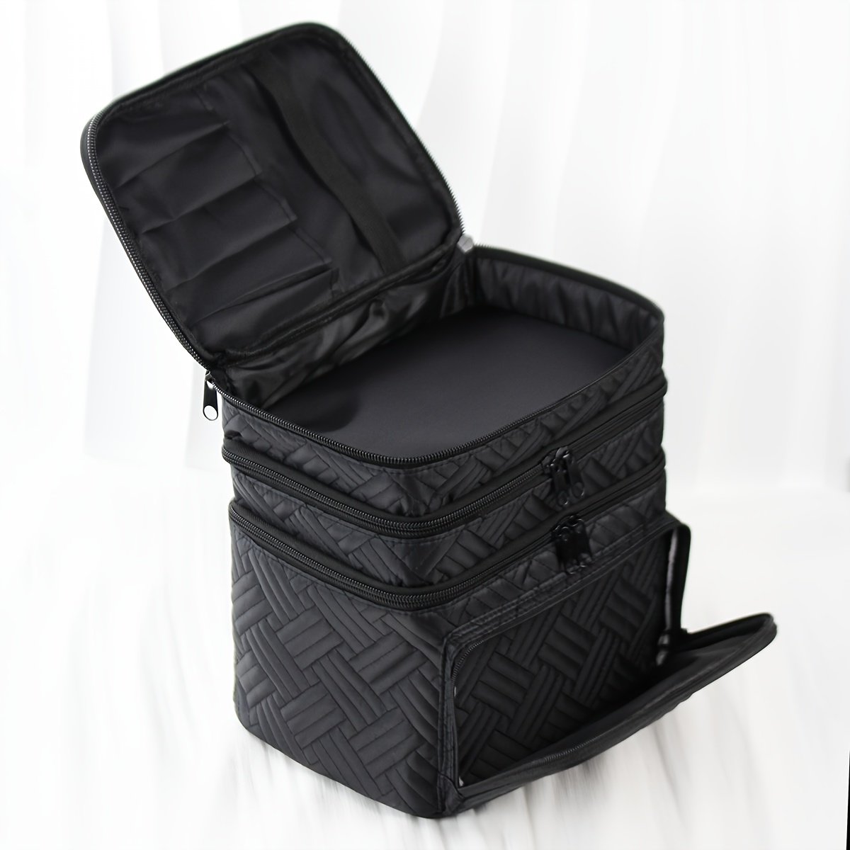 E-shop Große Kapazität Gesteppte Make-up-Tasche mit Griff Reißverschluss – Multifunktionaler Drei-Schichten-Reise-Make-up-Organizer, Tragbare