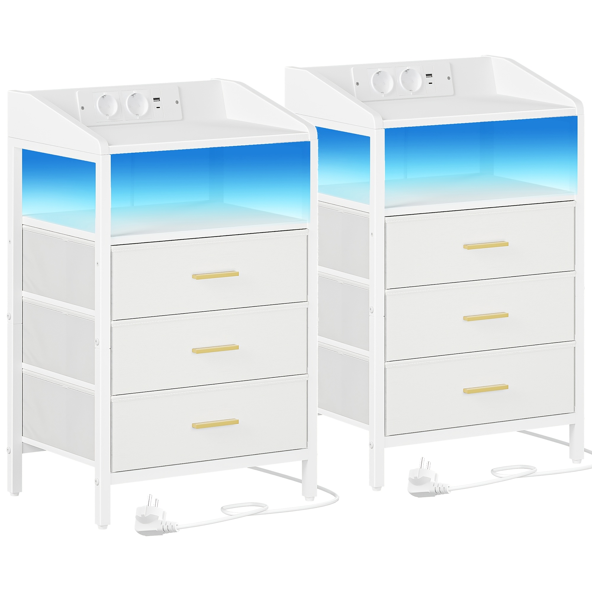 Bedside Table Set Of 2, With Led Lights And Charging Station, Side Table With 3 Fabric Drawers And Shelves, With Usb Ports & Sockets, For Bedroom, Living Room