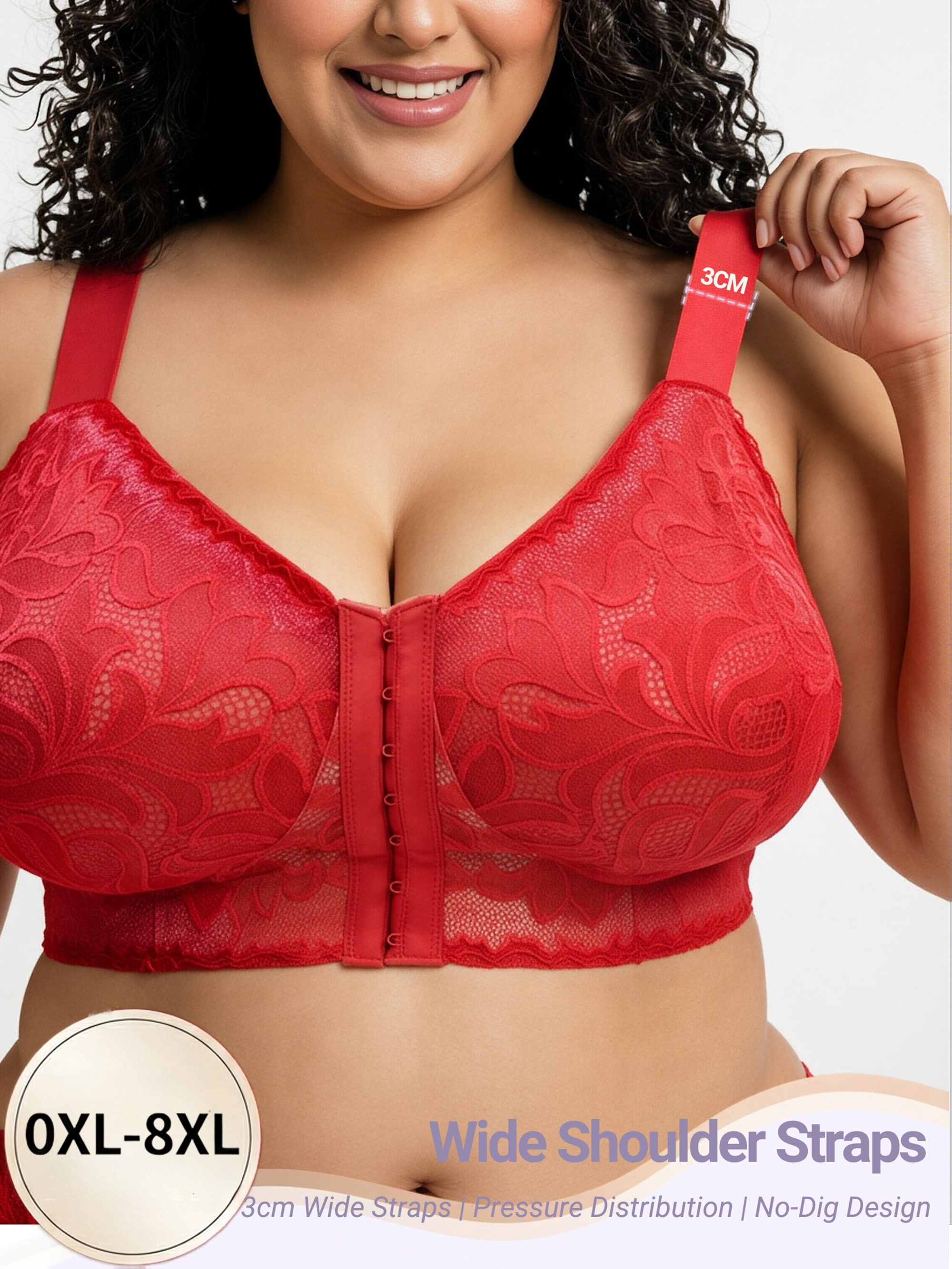 BODIMODA Original Design Plus Size Wire-Free Front Closure Breathable Cooling Bra, 0XL-9XL Full Size Range (5XL/6XL/7XL/8XL), C-D-E Full Cup Large Bust Exclusive, Lace Comfort Shaping, Wide Straps, Daily 2026 Summer New, 54E/54D/40D/44D/90D