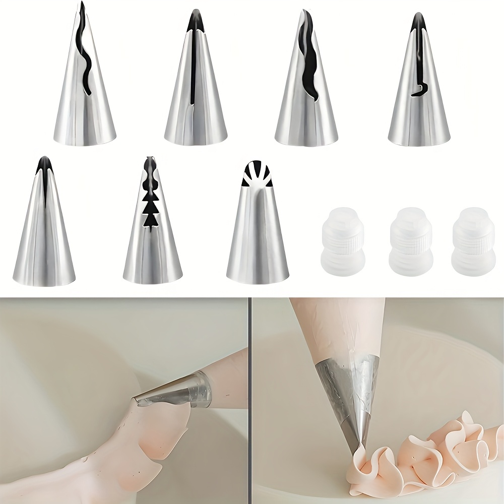 Image of 10pcs Cake Decorating Tools, Including 7pcs Trendy Shaped Piping Nozzles And 3pcs Connectors, Suitable For Home Baking, Butter Cream Frosting