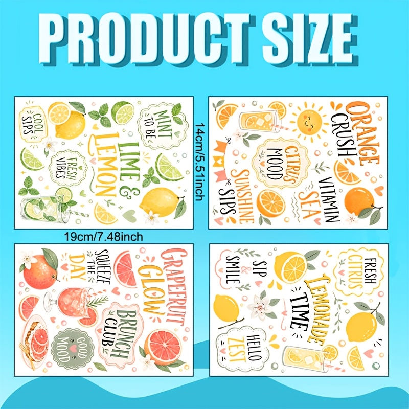TEMU 4 Stück (Bögen) Aquarell-Zitrone & Grapefruit-Transfer geeignet für glatte Oberflächen, selbstklebendes Vinyl mit Zitrusmustern für