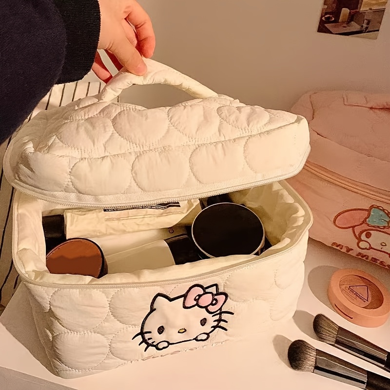 1pieza Sanrio para for hello kitty Bolsa de cosméticos acolchada - Organizador de maquillaje blanco mono, ideal para viajes y oficina, regalo perfecto para mujeres, almacenamiento de maquillaje para viajes|Bolsa de maquillaje chic|Diseño acolchado suave, Bolsa de cosméticos