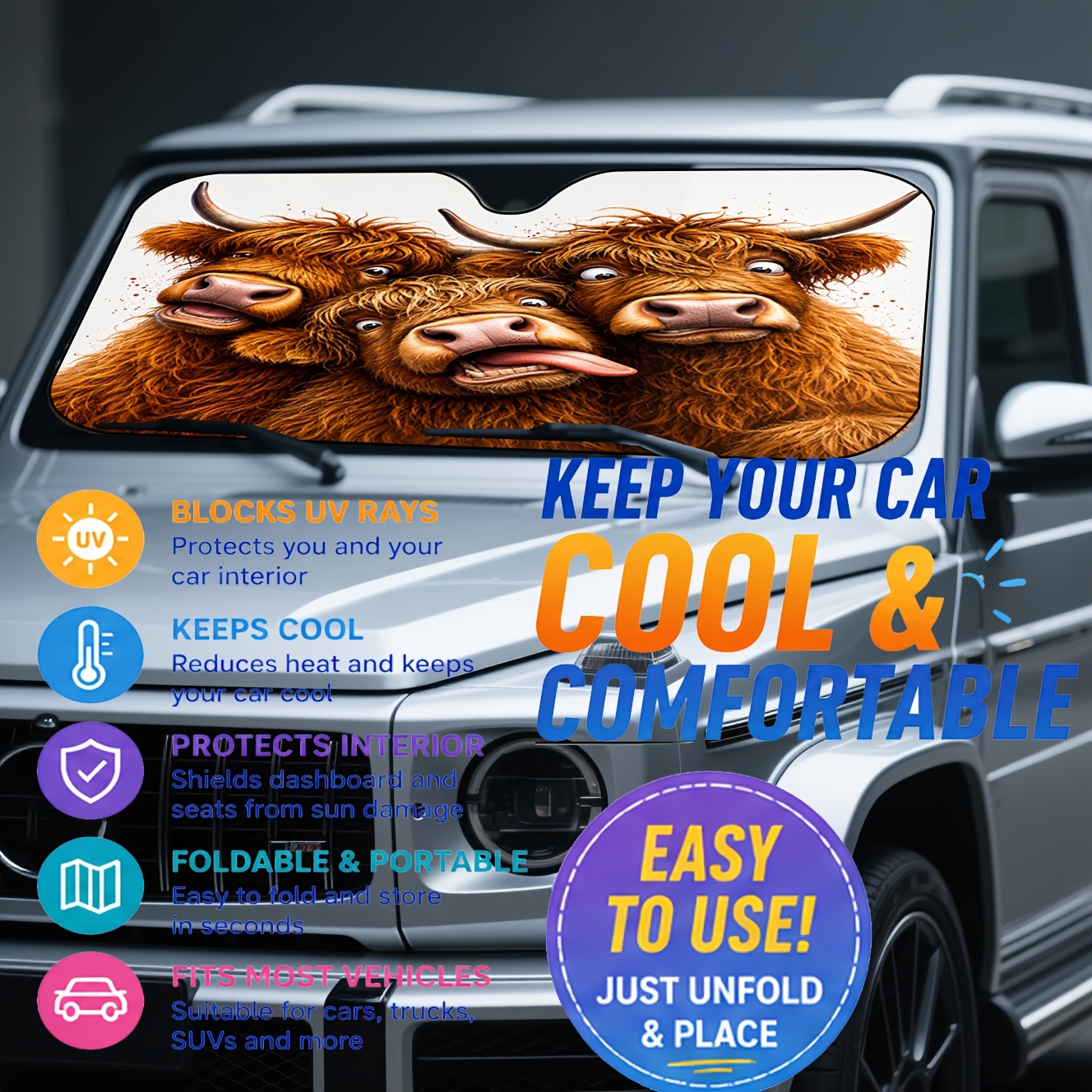 TEMU 1pc Cartoon Scottish Highland Cow Pattern Car Windshield Sunshade, Effective Thermal Insulation And Sun Protection, Protecting Car Privacy,