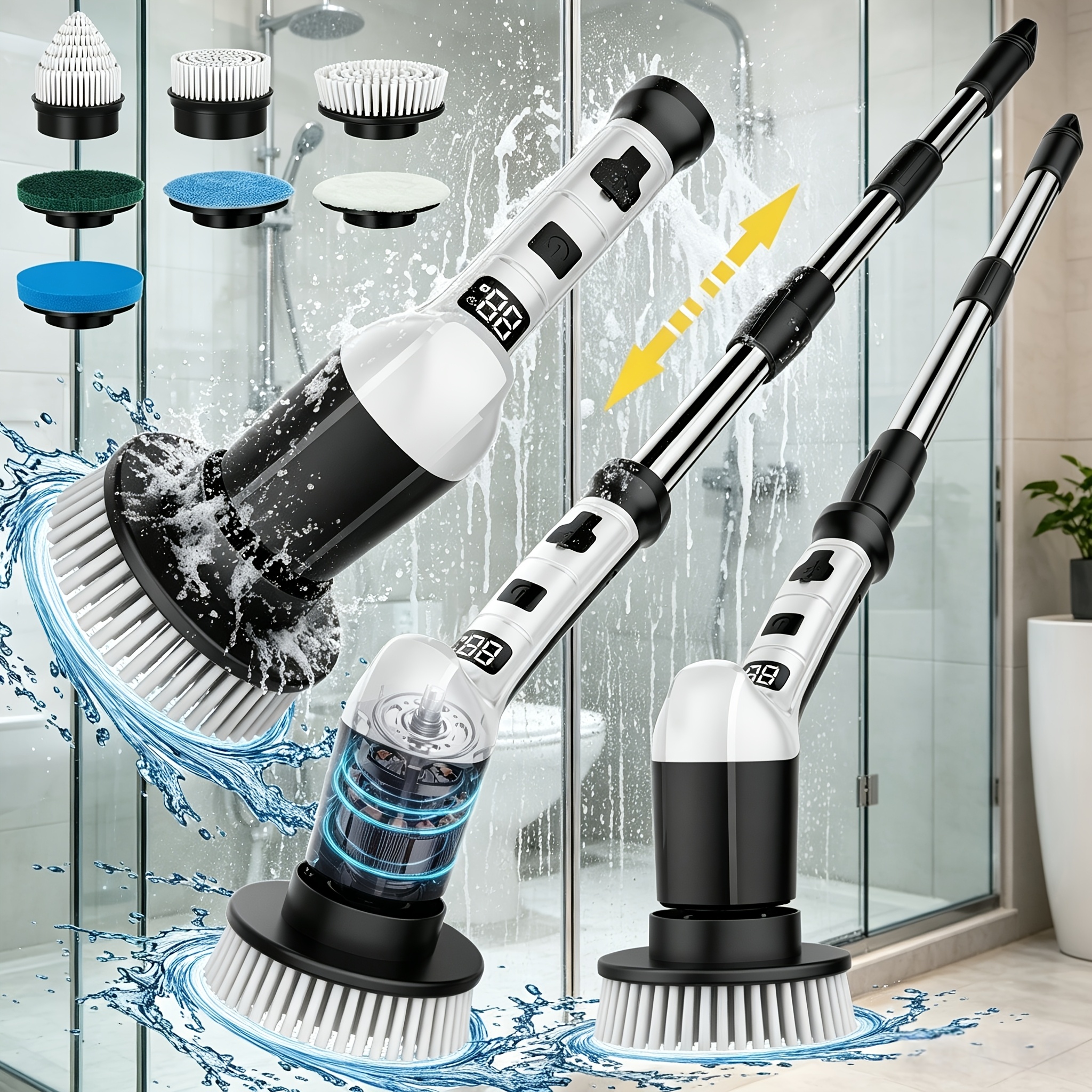 TEMU Lcd Display -in-one Black Electric Cleaning Brush, Three-speed Electric Cleaning Brush, Extendable Handle, Replaceable Brush Head, Suitable For