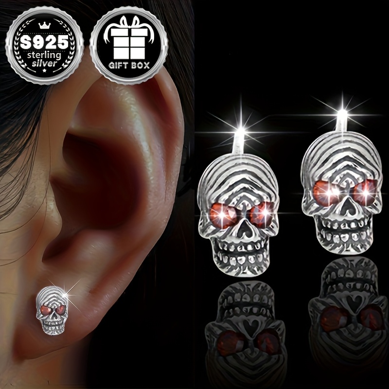 

2pc925 Pure Silvery Skull Head Earrings, Total Weight About 3g, Hypoallergenic Gothic Style Halloween Synthetic Zirconia Party Earrings For Women, Holiday Gift