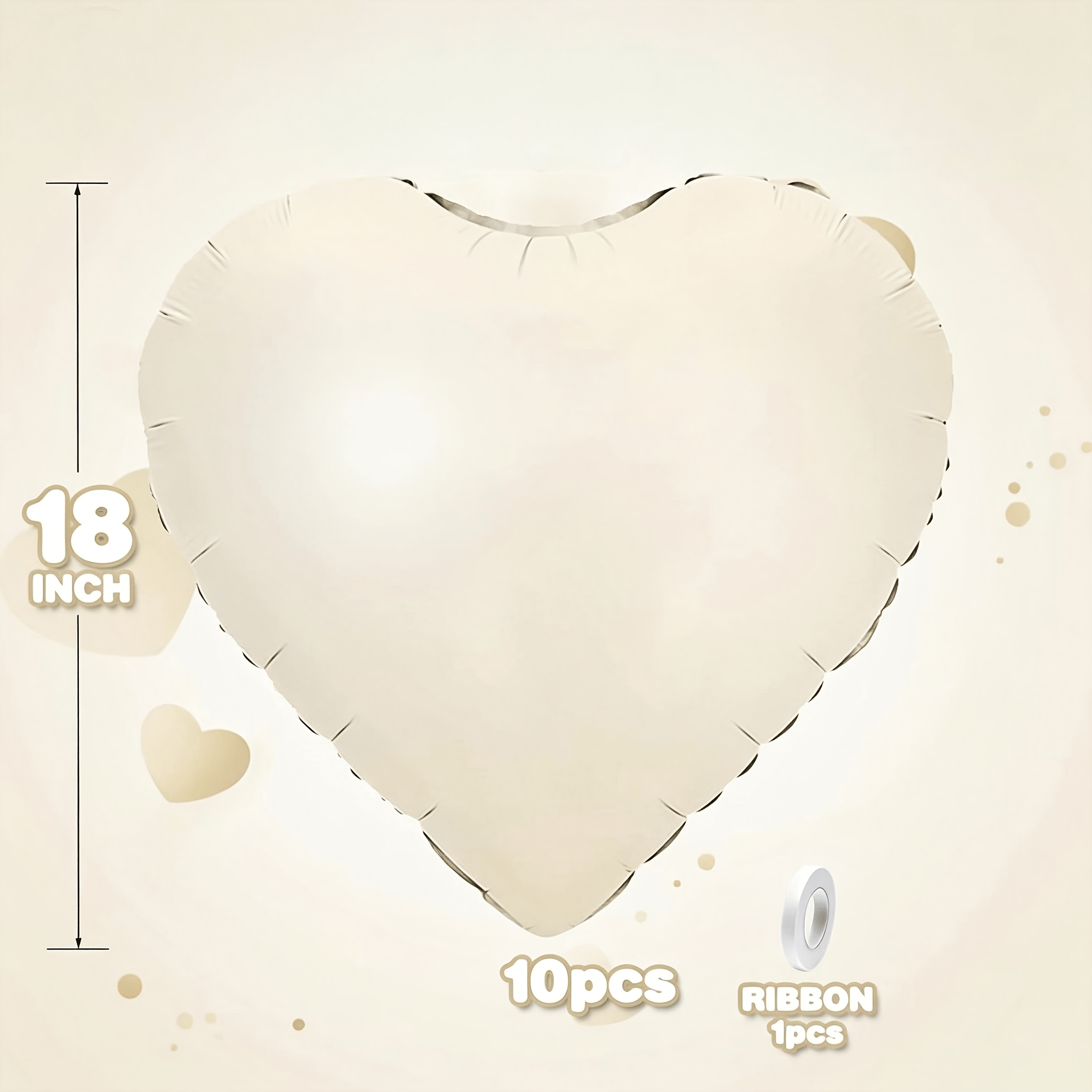 TEMU 11pcs Cream White Heart Foil Balloons With Ribbon - Includes 10 X 18-inch Cream White Hearts, 1 Roll Of Ribbon, Perfect For Wedding, Engagement,