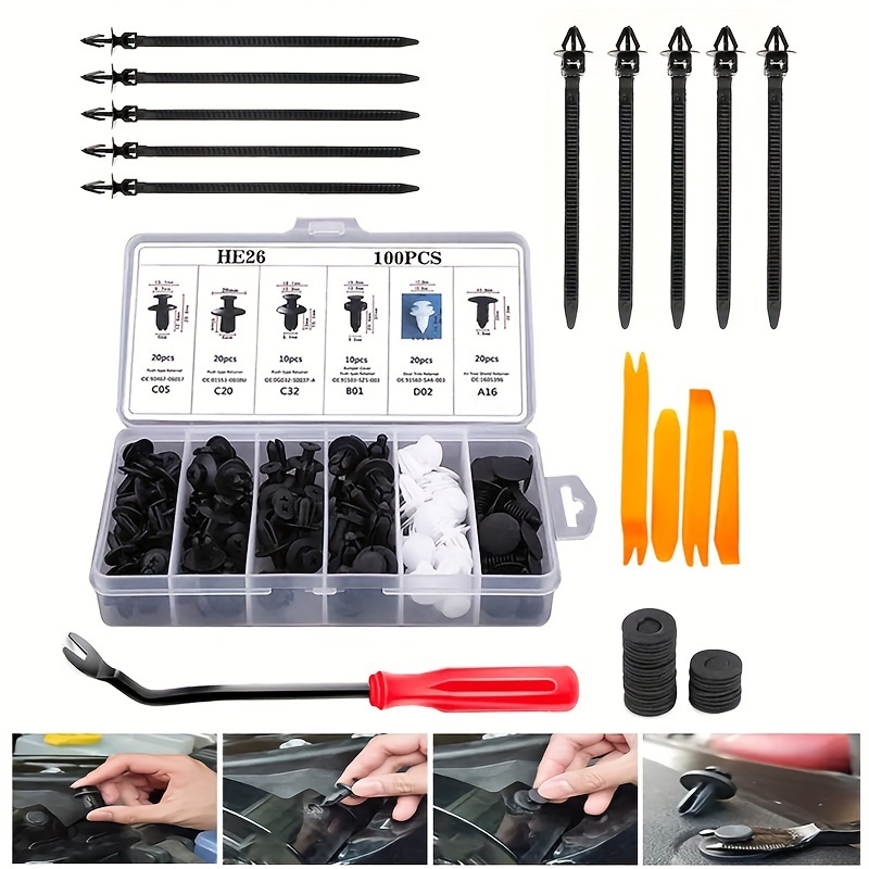 

100pcs Advanced Auto Plastic Fastener Clips With Tools Set - Versatile For Car Bumper, Interior Door Trim, Panel Mud Flaps & Splash Guards - Durable Material And Multiple Models Included.