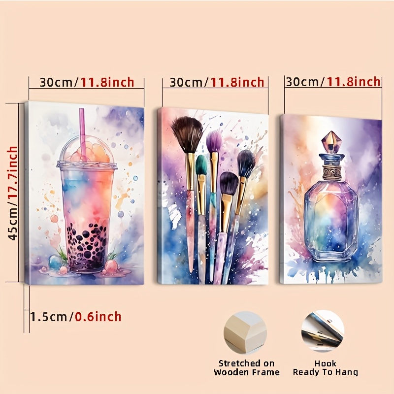 E-shop 2D-Flach, Wanddekor, Innendekoration, 3-teiliges Set, Schlafzimmer-Wandkunst, Rosa Lila Tintendruck-Spritzer-Bilddruck, Poster-Gemälde für