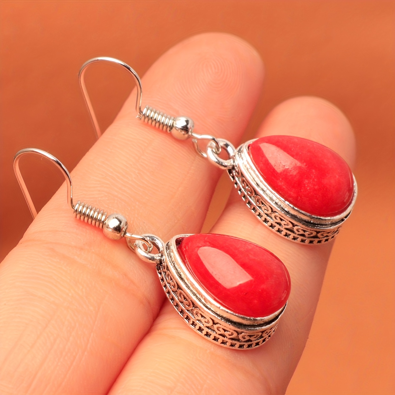 Women's Vintage Large Red Teardrop Earrings — Elegant Gift