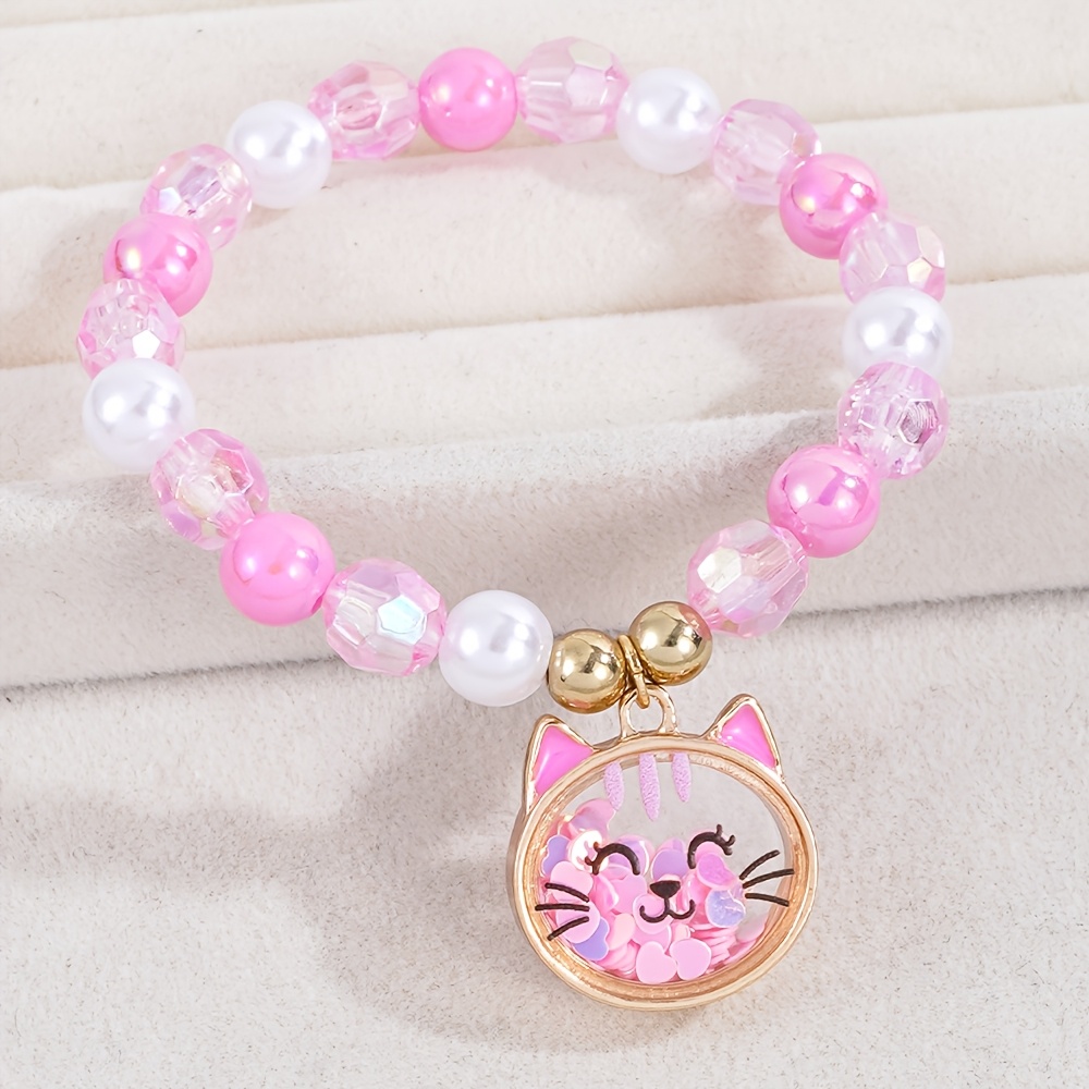 TEMU 1pc Cute Cat Frog Bear Pendant Stretch Bracelet With Glitter Heart & Flower - Fashionable Delicate Trendy Party Accessory, Perfect Birthday Gift