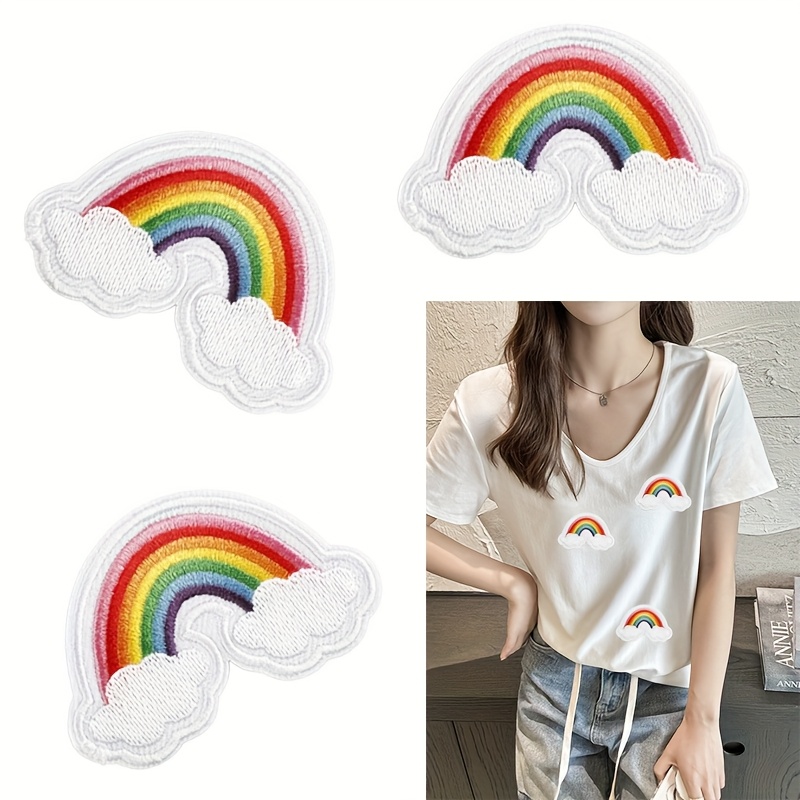 3pcs Multicolor Rainbow Pattern Diy Embroidery Patches, Cartoon Anime Style Iron-on Sewing Badges For Clothing, Bags, Shoes, Hats, And Home Decor