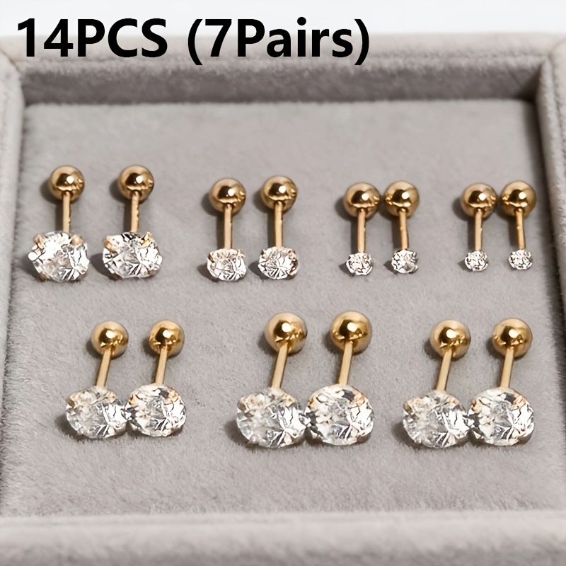 TEMU 14 (7 Pairs) Stainless Steel Four-prong Gold-plated Round Synthetic Zirconia Stud Earrings, Screw-back Women's Stud Earring Set, Spring/summer