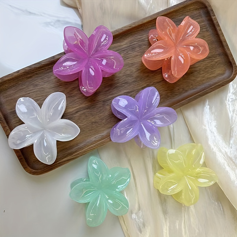 

6pcs Jelly Candy Color Flower Hair Claws Clips Set, Sweet Style Plastic Floral Shark Clips, Middle Dimensional Hair Accessories For Teens And Adults - Assorted Solid Colors