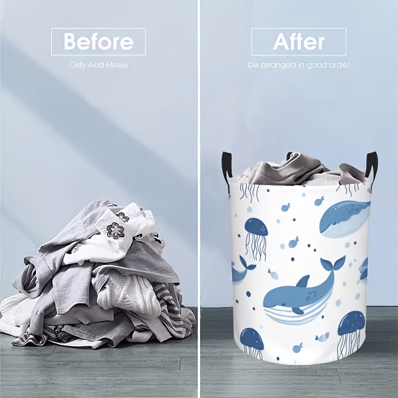 TEMU Panier à linge motif créature océanique - Panier de rangement rond grande , pliable avec poignées, parfait pour les vêtements et organiser les