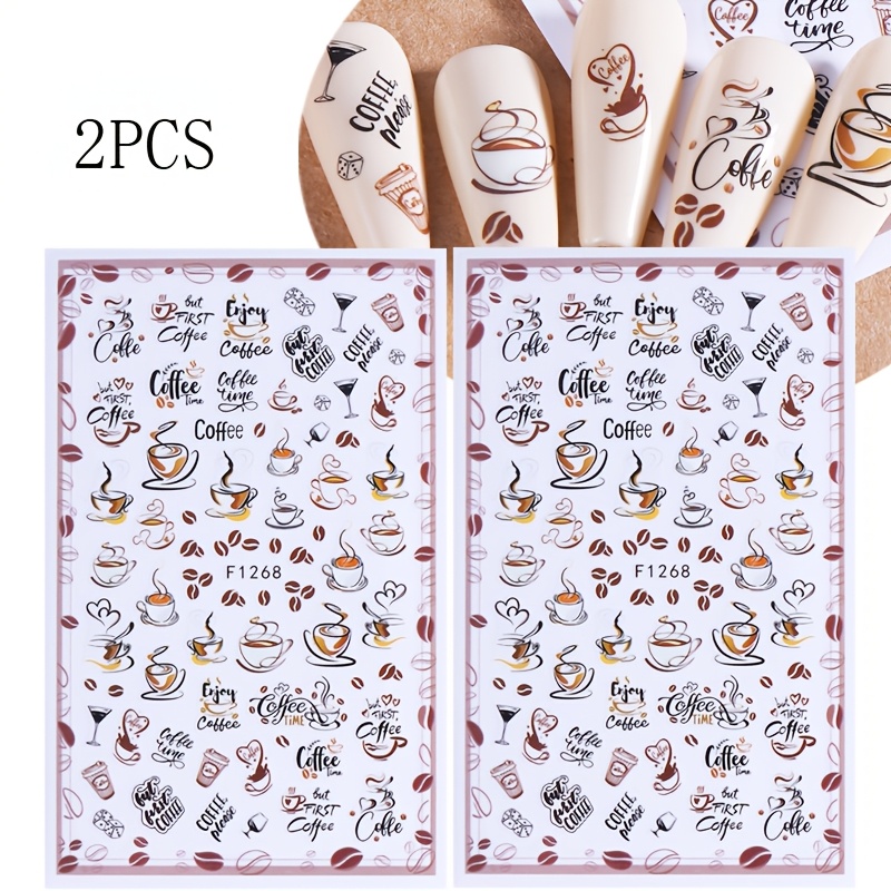 TEMU 2pcs Autumn Nail Stickers Coffee And Coffee Bean Pattern Self Adhesive Nail Decals Retro Elegant Diy Nail Art Decorations Nail Supplies