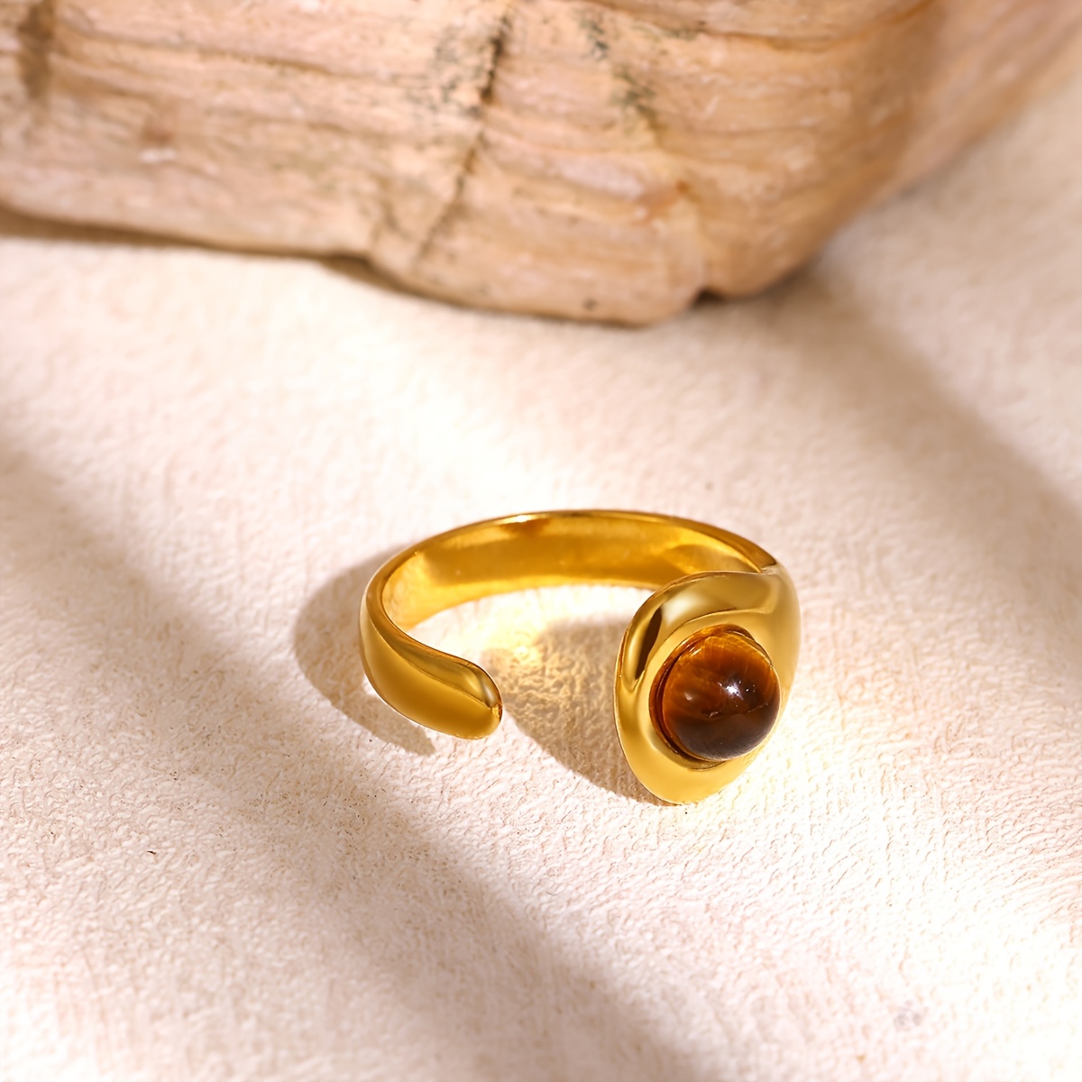 Women's Brown Faux Stone Open Stainless Steel Vintage Ring