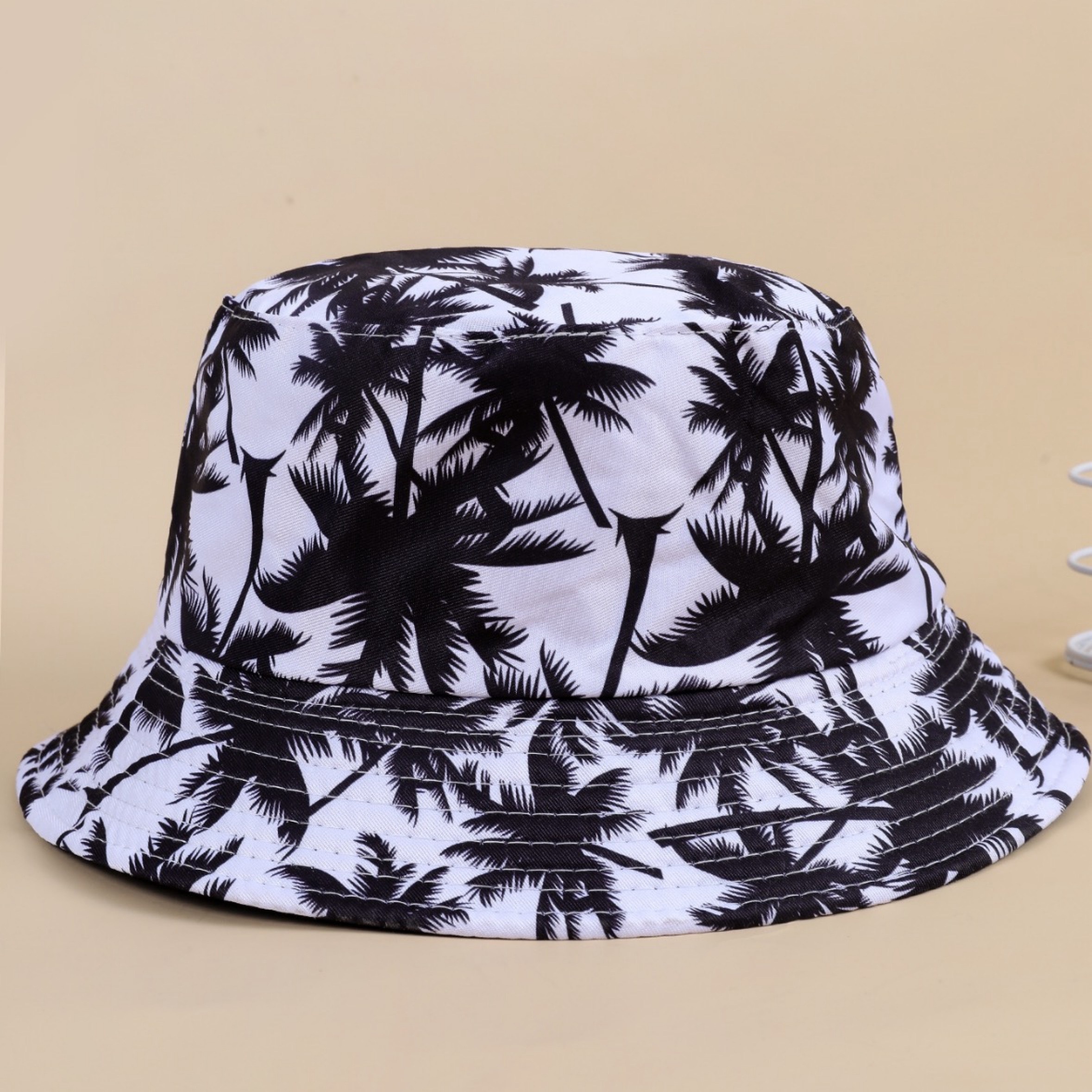 

1pc Chapeau Seau Reversible à Imprimé Palmier - 100% Polyester, Style Vacances, Design Tissé - Idéal pour les Fêtes , Loisirs Quotidiens & Activités en