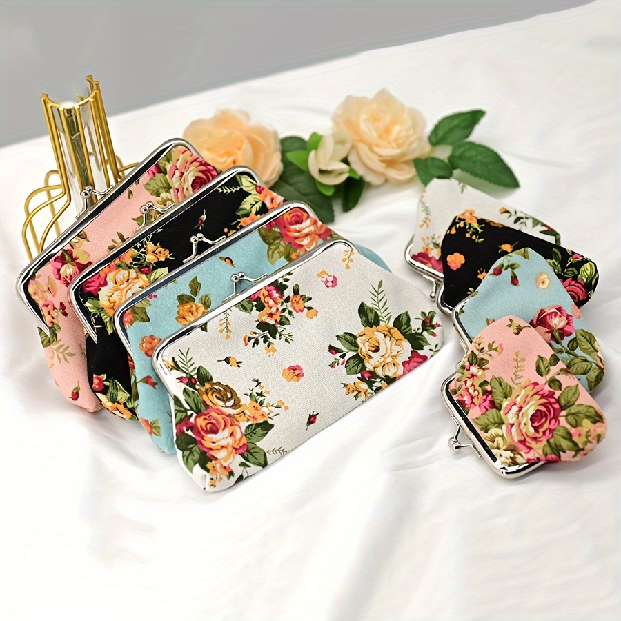 

2pcs Vintage Floral Canvas Coin Purses For Women, Envelope Clutch With Closure, Polyester Lined, Hand Washable, With Coin Pocket - Rose Print Lightweight Lipstick & Card Holder Set