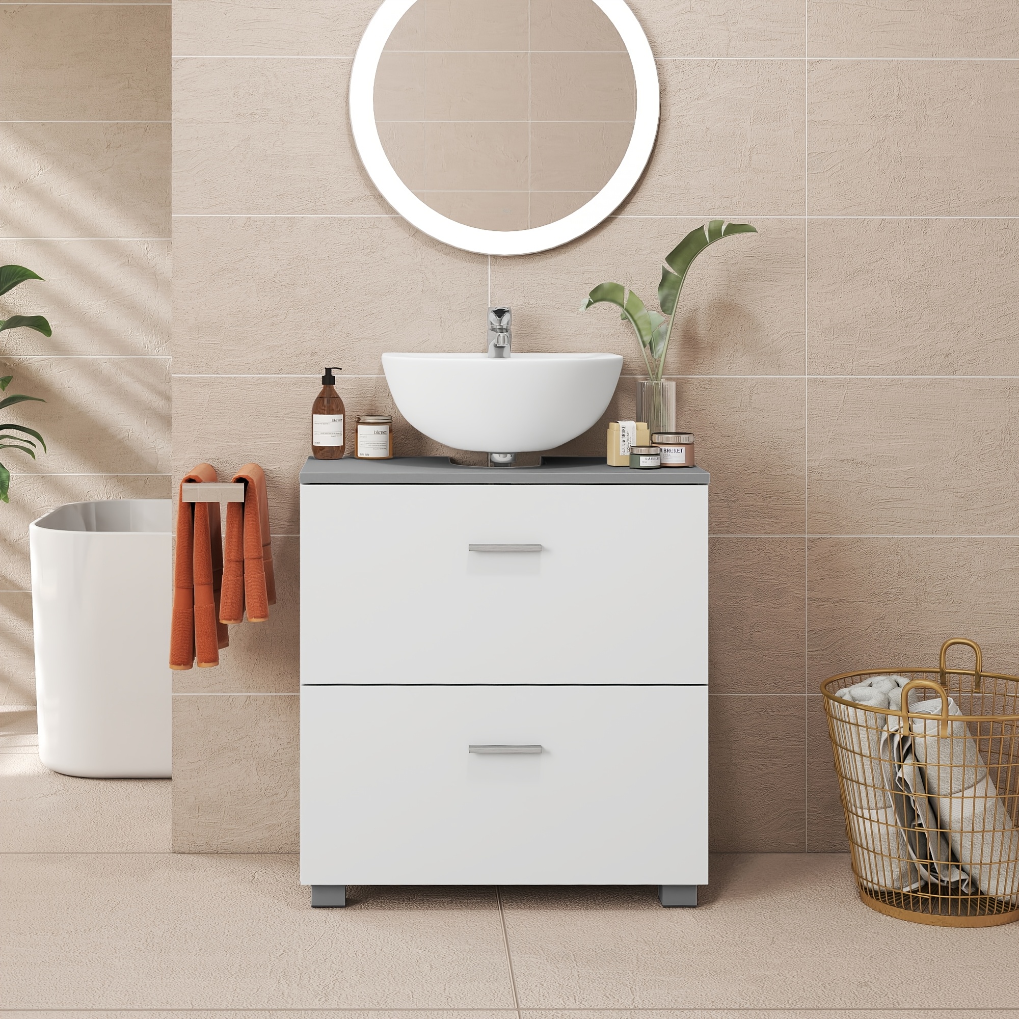 Washbasin Base Cabinet, Open Compartments On , Interchangeable Right Or Left, Bathroom Cabinet, Large Opening For Siphons, 60 X 30 .8 Cm