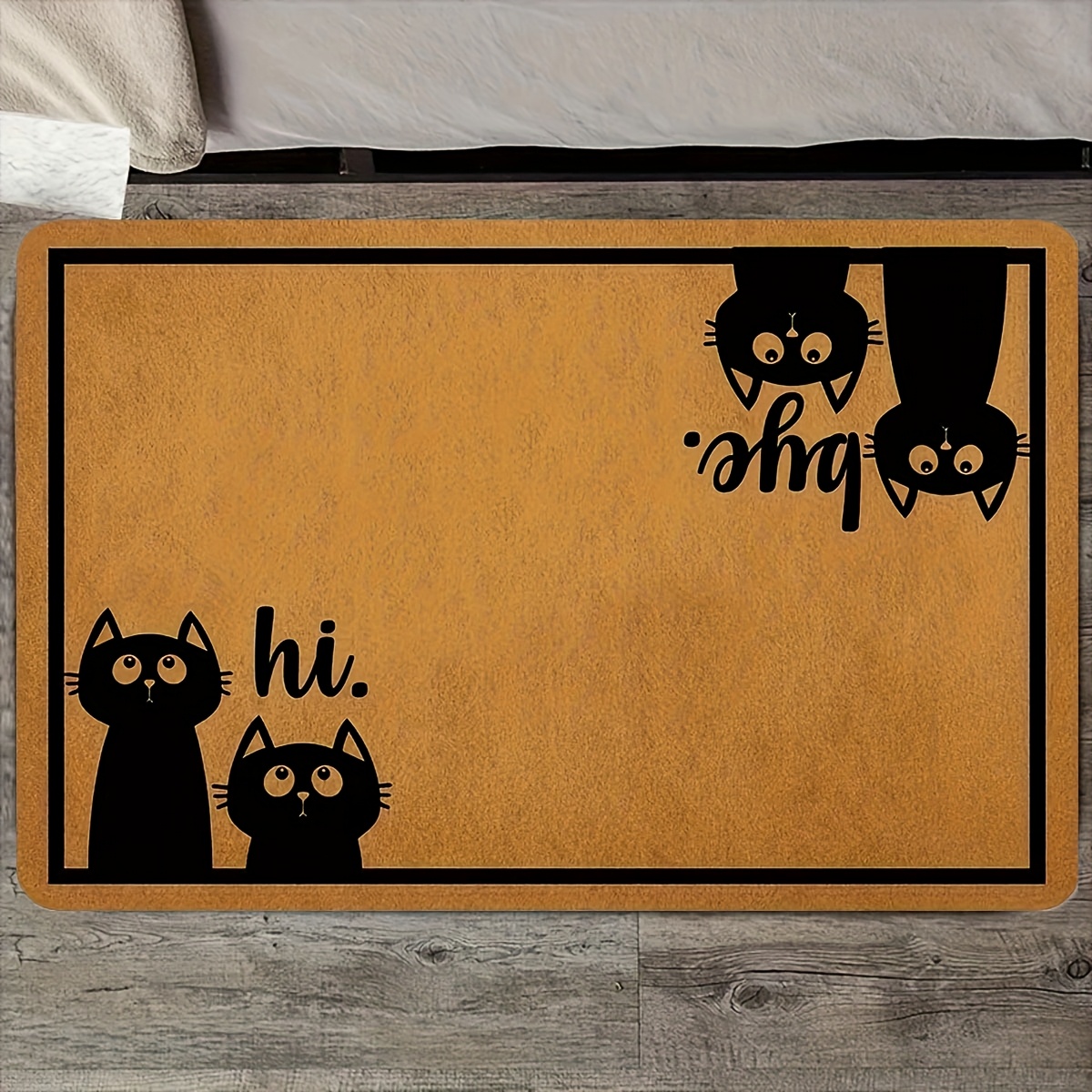 Welcome And Goodbye Cat With Cute Black Kitten Face & "hi" Text - Non-slip Machine Washable Woven Suitable For Entryway, Hallway, /outdoor Use - Floor