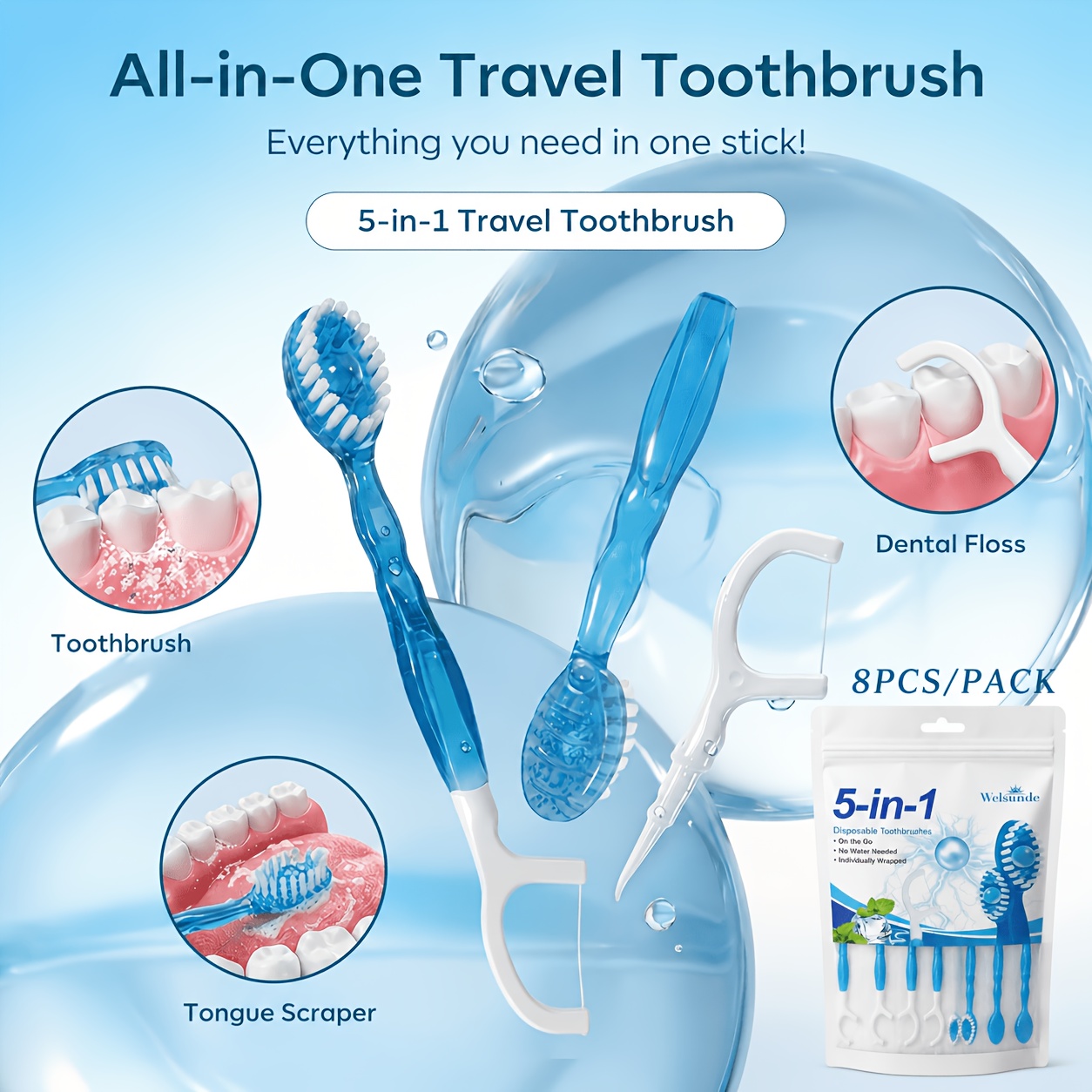 8pcs 5-in-1 Multifunctional Travel Toothbrush Kit