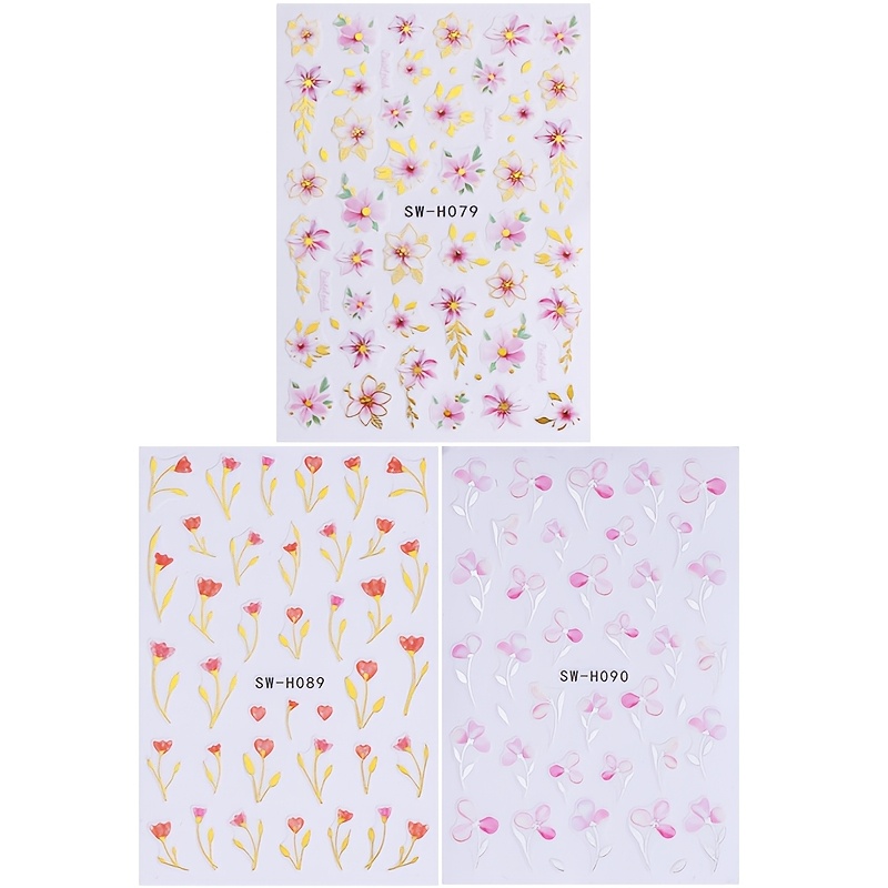 3pcs Spring/summer Floral Nail Art Stickers, Cherry , Orchid, Tulip, Flower Petal And Leaf Patterns, Self-adhesive Nail Decals, Nail Art Decorations, Elegant Nail Art Supplies For Ladies