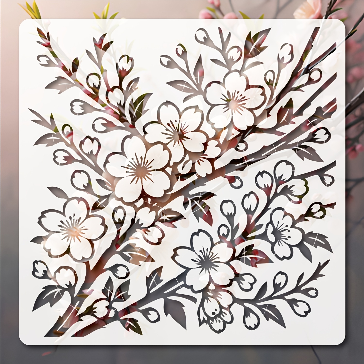TEMU A Reusable, Washable Floral Stencil Template Featuring Cherry Branches, Measuring 11.8 By 11.8 Inches, Suitable For Decorating Fabrics,