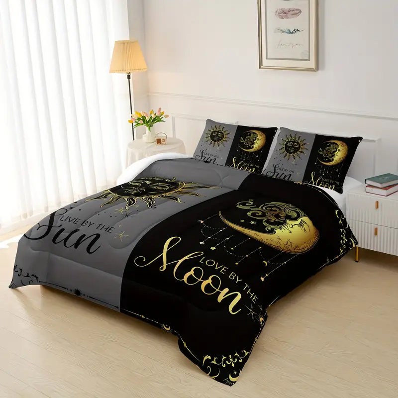 3 pcs couple comforter set sun and moon themed printed bedding queen and king comforter set for adults elegant and comfortable down comforter set 1 comforter 2 pillowcase without core Product details 1