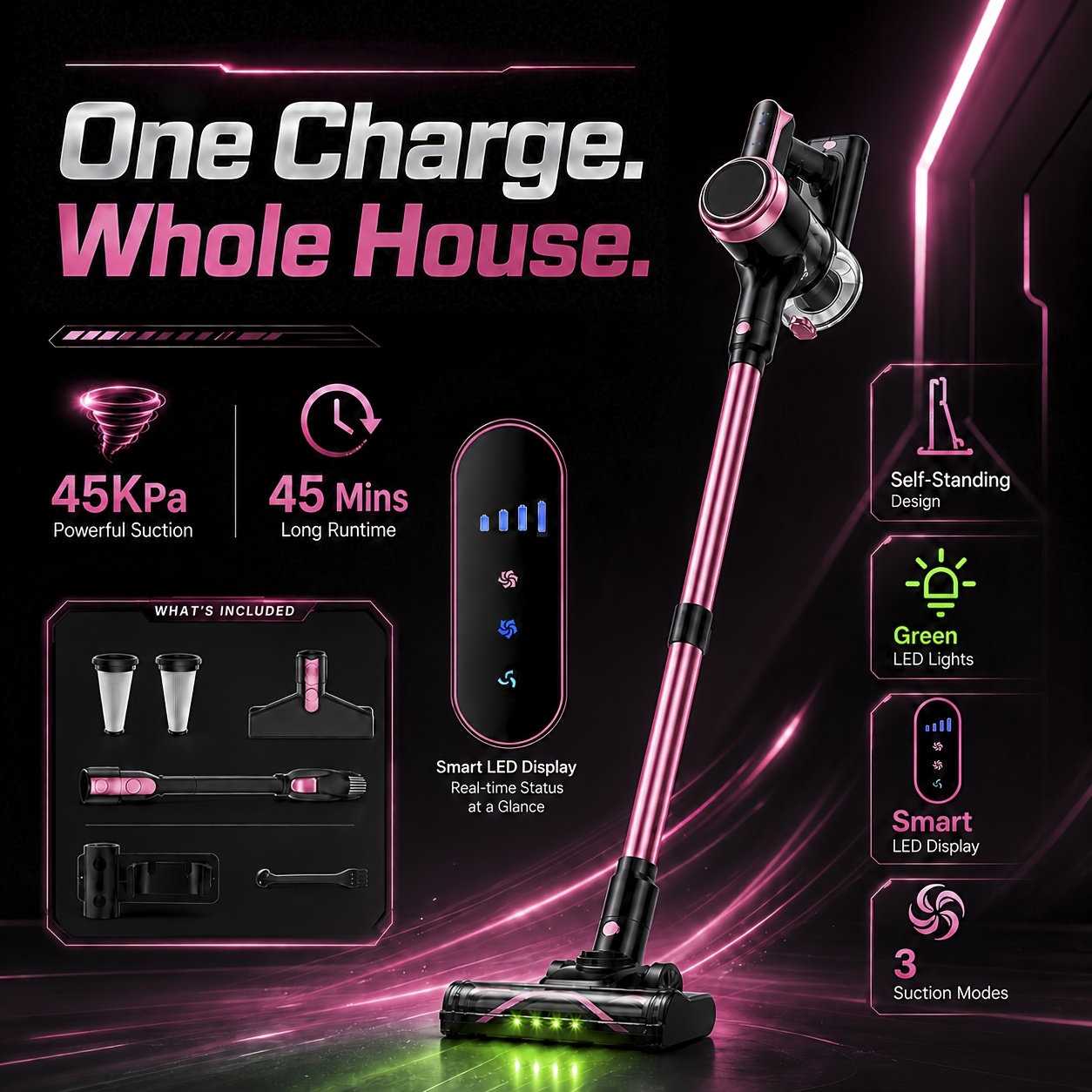 Cordless Vacuum Cleaner, 45kpa Powerful Suction Cleaner, Smart Led Display, 3 Suction Levels, Self-standing Design 5l Large Dust Cup For Carpet, Floors, Sofa, And Pet Hair