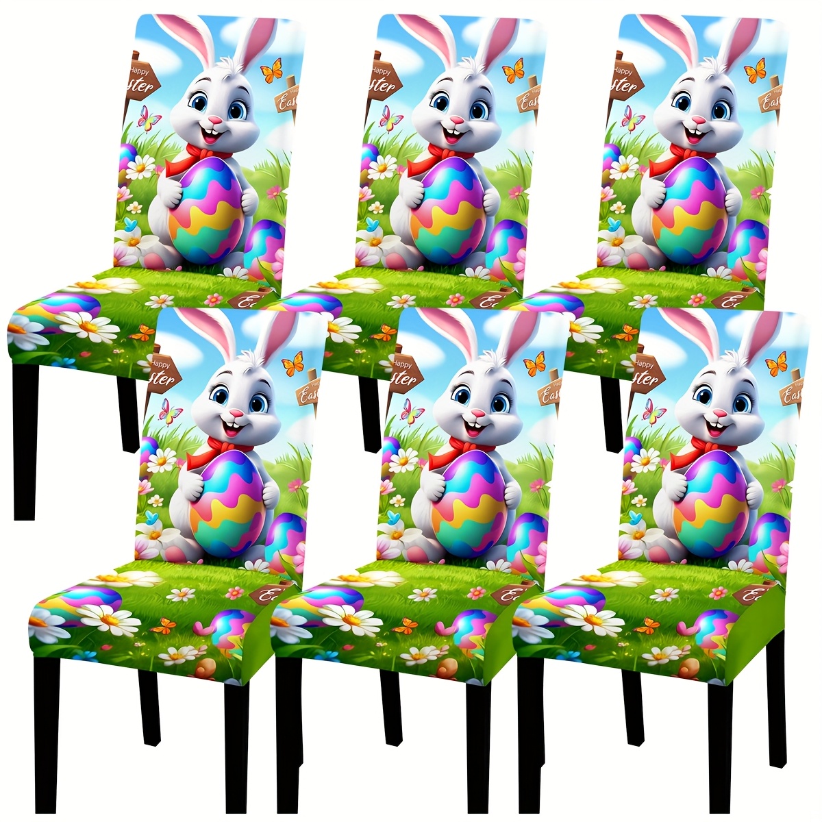 Image of White Rabbit Holding A Colorful To The Holiday, Featuring An Easter Pattern With Prints. Made Of Elastic Fabric, This Chair Cover Is Suitable For Indoor Home And Dining Room Easter Decorations. It Has