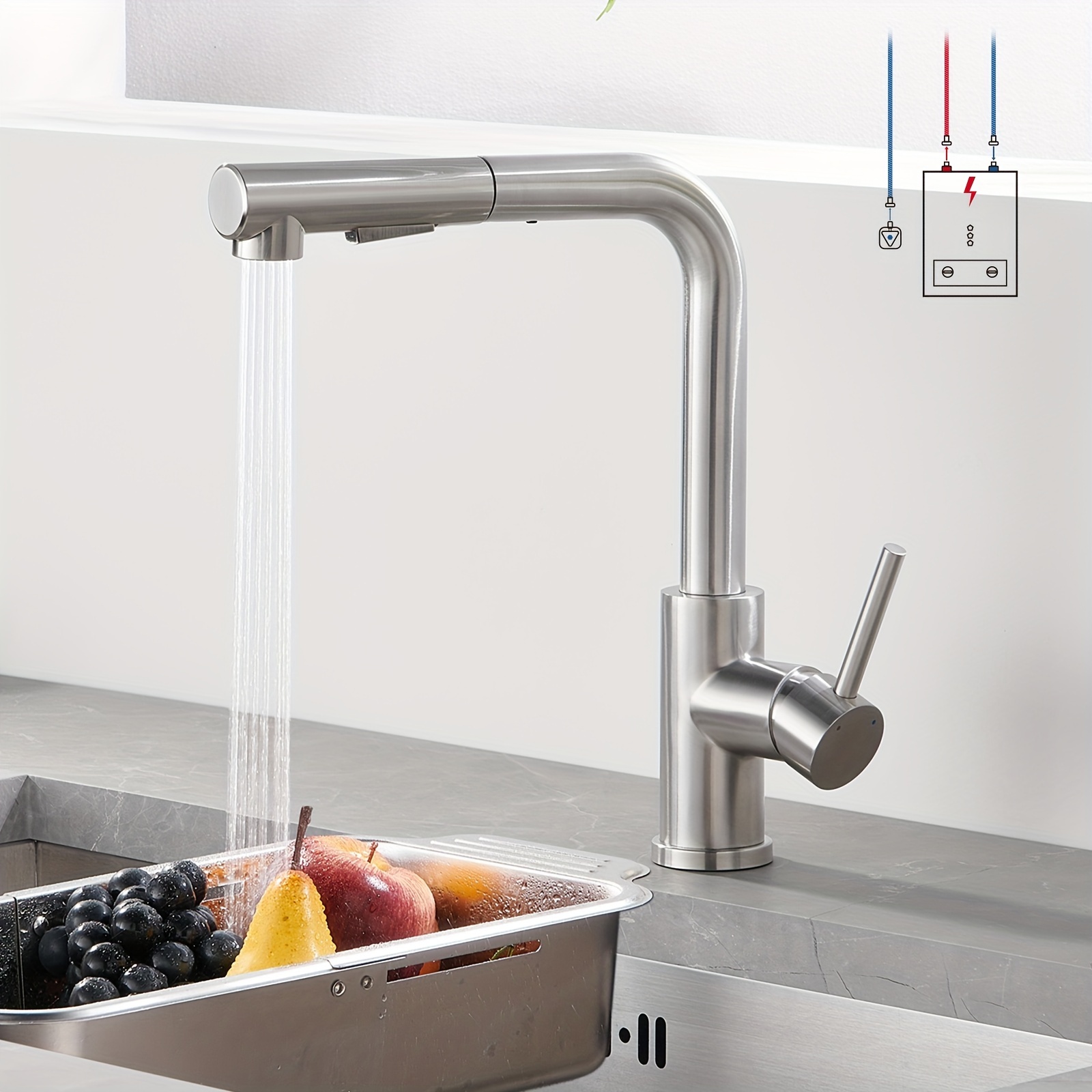 

Low Pressure Kitchen Faucet Retractable Sink Faucet With Shower 2 Water Spray Types 360° Rotating Kitchen Mixer Faucet Stainless Steel Brushed Process