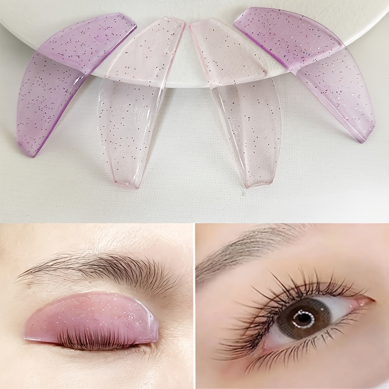 Image of /4pcs Lash Lift Pads, Upgraded Ultra-thin High-elastic Silicone Eyelash Perm Tools, Reusable Korean Lash Perm Pads, Suitable For Salons & Home Use, Purple Glitter And Pink Glitter