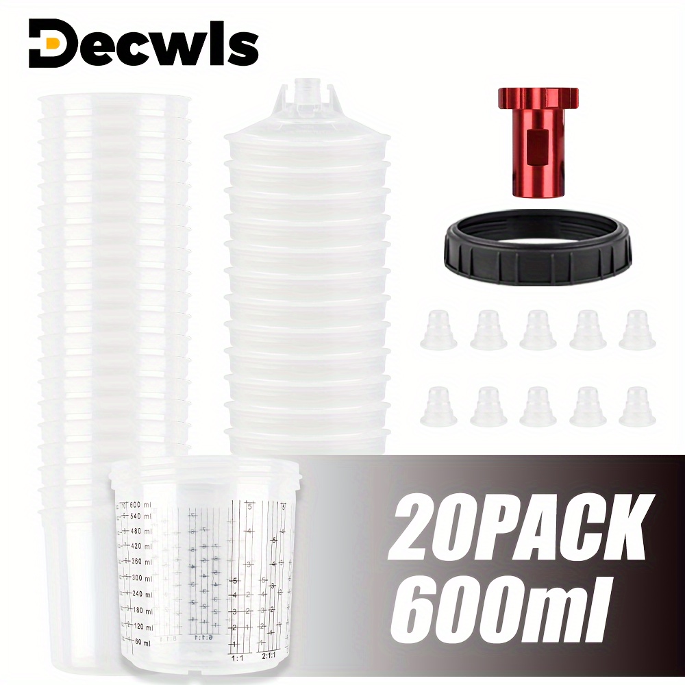 new   20pcs disposable spray gun paint mixing cups 600 milliliters no washing required no electricity needed   with an adapter disposable lids and sealing plugs for   suitable for automotive painting
