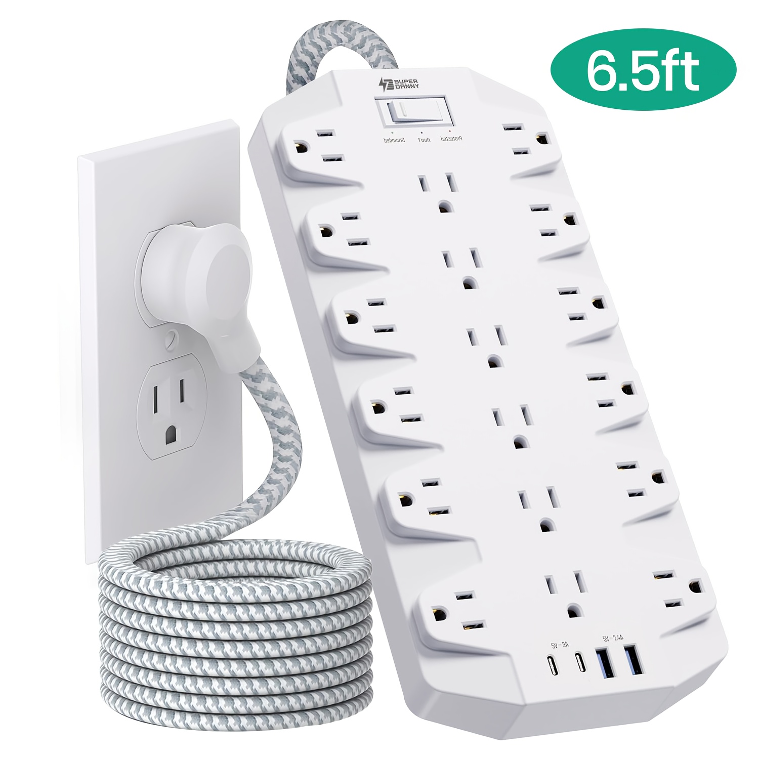 

Protector, Superdanny 18 Outlets(1875w/15a) With 2 Usb-c (24w/4.8a), 2 Usb-a (24w/4.8a), 2100j, 6.5ft Flat Plug Heavy Duty Extension Cord With Multiple Outlets For Home, Office, Dorm, White