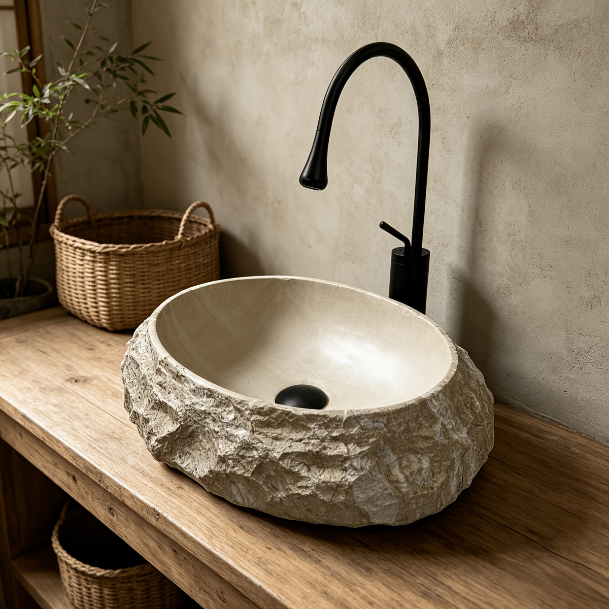 1pc Unique Stone-Shaped Artificial Stone Bathroom Sink, Washbasin, Deep Anti-Splash Artistic Basin, Decorative Basin, Large Single Basin, with Drain And Anti-Odor Drain Pipe, Suitable for Various Decoration Styles of Bathrooms