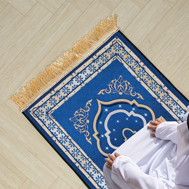 

Elegant Blue & Golden Eid Mat - Decorative Mat With Fringes For Ramadan Mubarak & Eid Al-fitr Celebrations, Polyester, No Power Needed