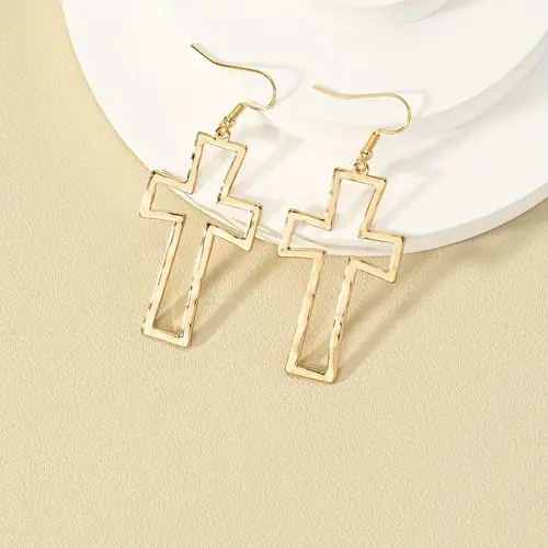 vintage boho style hollow cross dangle earrings 14k golden plated alloy with iron ear needle fashionable daily wear jewelry for
