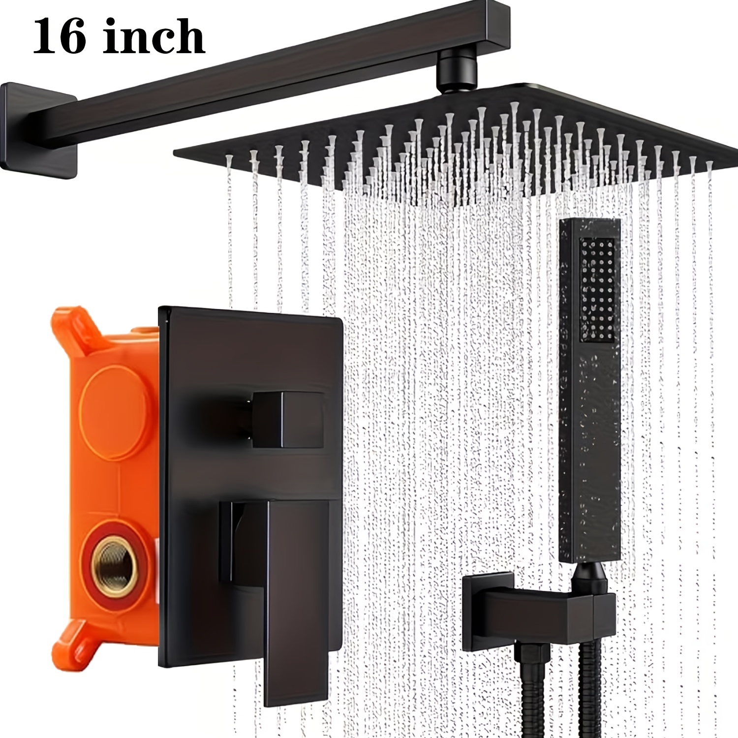 Image of Black Two-function Concealed Shower Head, 8/12/16 Inch Shower , Bathroom Accessories, High-pressure Rain Shower Head & Handheld Shower Faucet - Black Square Design, Bathroom Shower Set