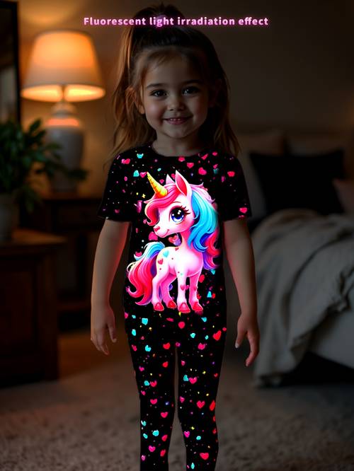glow in the dark colorful summer long sleeve and long pants set all over heart print cartoon short sleeve and long pants 2pcs set cute and versatile for daily wear and outdoor