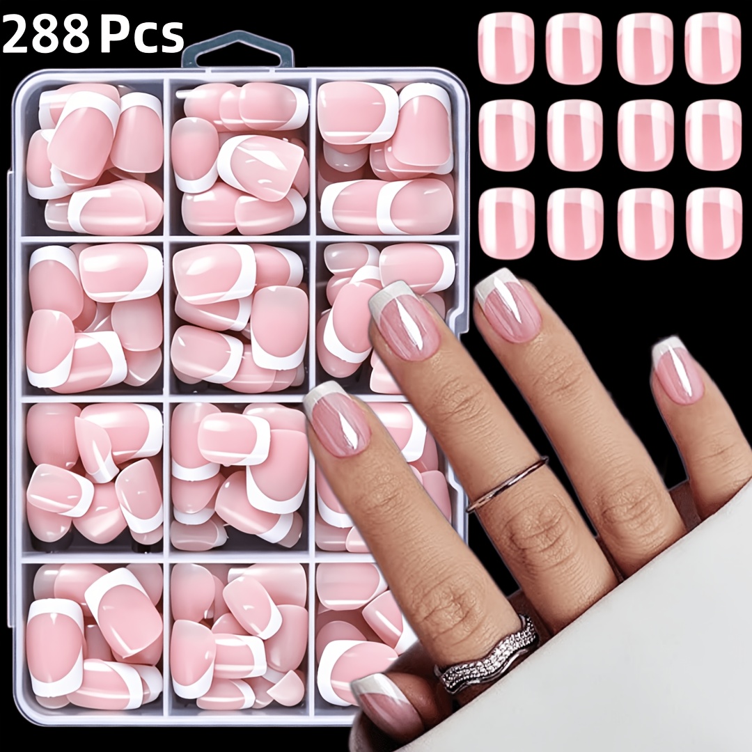 TEMU 288pcs Short Square Press On Nails Suitable For Women - French Tip Fake Nails With Electroplated Tips, 12 Sizes Glossy Extensions, Pre- Diy,