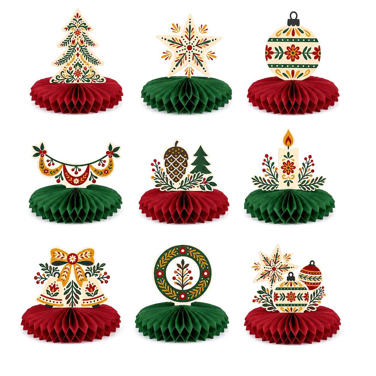 TEMU Set da 9 pezzi di ornamenti da tavolo a d'ape natalizi in stile folk , con motivi di albero di Natale, stella, , campana e candela, centrotavola